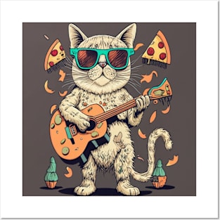 cat playing guitar for pizza Posters and Art